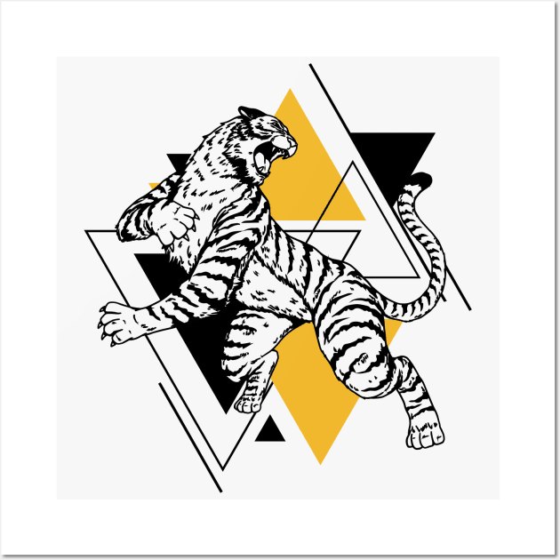 Retro Black & Gold Tiger on the Attack // Vintage Geometric Shapes Background Wall Art by SLAG_Creative